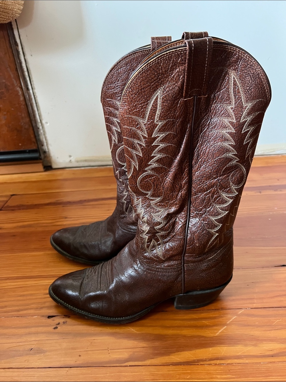 Nocona Brown Leather Western Cowboy Boots with Ivory Stitching